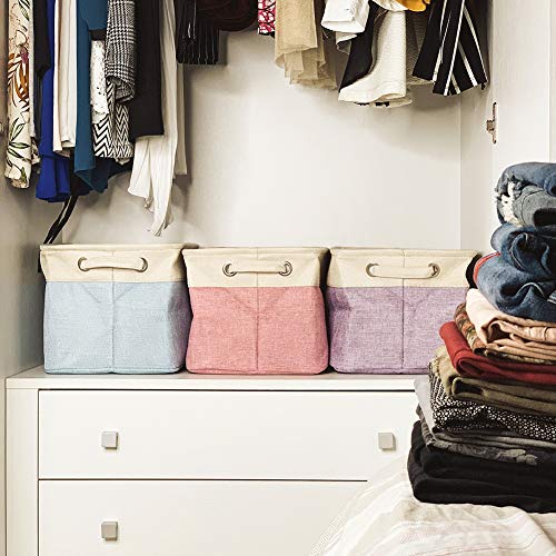 EZOWare 3 Pcs Caja de Almacenaje, Cestas Organizador de Tela Plegable con Manijas para Hogar, Oficina, Estanterías, Armarios, Ropa, Juguetes y mas - 38 x 27 x 24cm (Crema Color Mezclado)