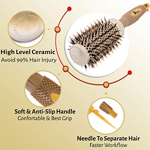 Fagaci Cepillo Redondo Pelo Profesional con cerdas de jabalí natural Cepillo redondo | Nano Technology Ceramic + Ionic para peinado, secado, cabello saludable Cepillo de pelo + 4 pinzas de peinado