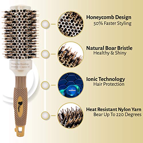 Fagaci Cepillo Redondo Pelo Profesional con cerdas de jabalí natural Cepillo redondo | Nano Technology Ceramic + Ionic para peinado, secado, cabello saludable Cepillo de pelo + 4 pinzas de peinado