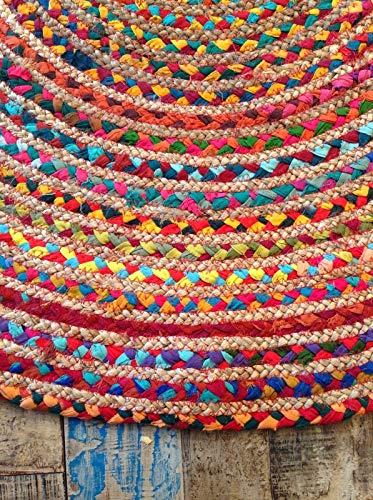 Fair Trade Alfombra grande redonda trenzada de algodón, yute, multicolor, chindi, de 120 cm
