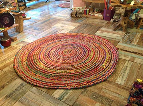 Fair Trade Alfombra grande redonda trenzada de algodón, yute, multicolor, chindi, de 120 cm