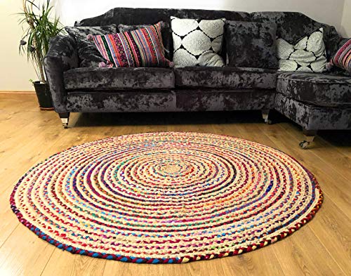 Fair Trade Alfombra grande redonda trenzada de algodón, yute, multicolor, chindi, de 120 cm