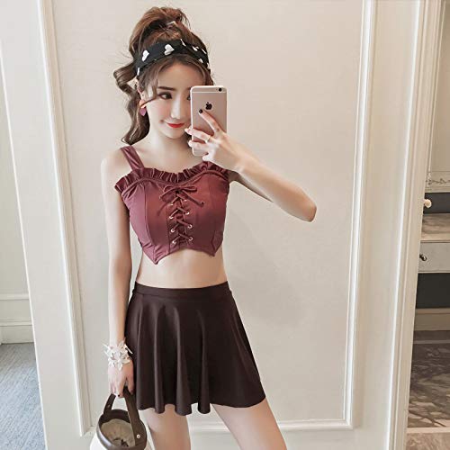 Falda Dividida Traje de baño Femenino Correas de Tres Piezas, pequeño Cofre, SPA, Fragancia pequeña, Traje de baño Conservador Amarillo XL