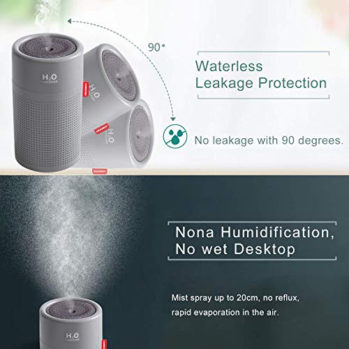 Famedy - Mini humidificador inalámbrico de 2000 mAh, recargable, humidificador de vapor frío para coche, oficina, apagado automático, 750 ml, funciona hasta 28 horas, Gris, Grey
