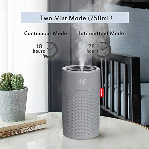 Famedy - Mini humidificador inalámbrico de 2000 mAh, recargable, humidificador de vapor frío para coche, oficina, apagado automático, 750 ml, funciona hasta 28 horas, Gris, Grey
