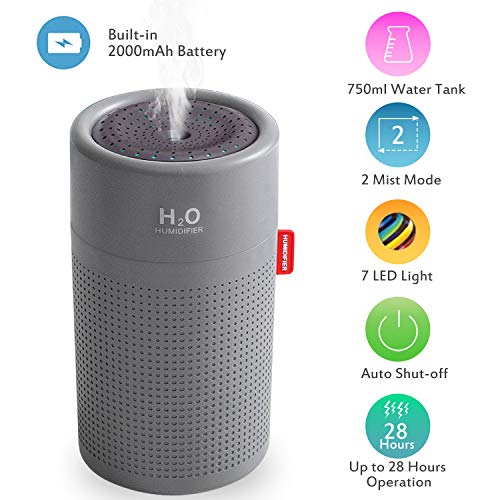 Famedy - Mini humidificador inalámbrico de 2000 mAh, recargable, humidificador de vapor frío para coche, oficina, apagado automático, 750 ml, funciona hasta 28 horas, Gris, Grey