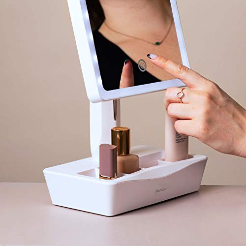 Fancii Espejo de Maquillaje con Luz Grande, Aumento de 1x y 10x - Espejo Sobremesa Ajustable con Pantalla Táctil, Luz LED Natural, USB y Pilas con Organizador de Cosméticos (Gala)