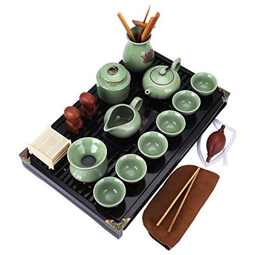 fanquare Kung Fu Juego de Té de Cerámica Chino con Bandeja y Pequeñas Herramientas de Té, Tazas de Té Ge Yao, Verde Claro