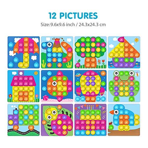 Fansteck Tablero de Mosaicos Infantiles, Puzzle 3D, Rompecabezas Niños de Uñas Setas, Tablero de Coincidir colores con 46 botones y 12 imágenes, Juguete Educativo Temprano para niños y bebés de 3+años
