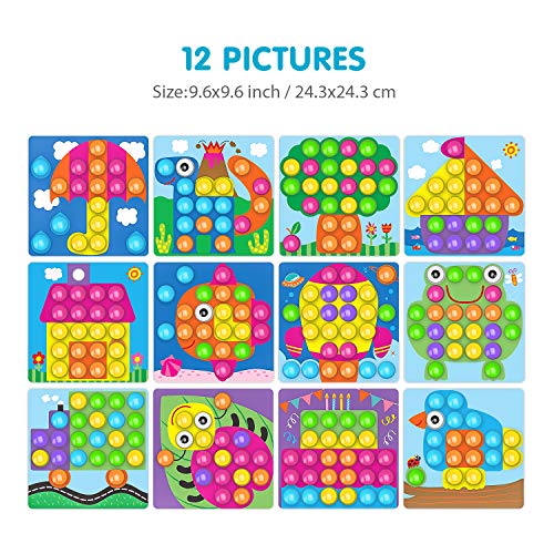 Fansteck Tablero de Mosaicos Infantiles, Puzzle 3D, Rompecabezas Niños de Uñas Setas, Tablero de Coincidir colores con 46 botones y 12 imágenes, Juguete Educativo Temprano para niños y bebés de 3+años