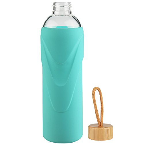 FCSDETAIL Botella de Agua de Cristal sin BPA, Botella de Agua de Vidrio de Borosilicato con Funda de Silicona con Tapa de Bambú 420ml / 660ml / 1000ml