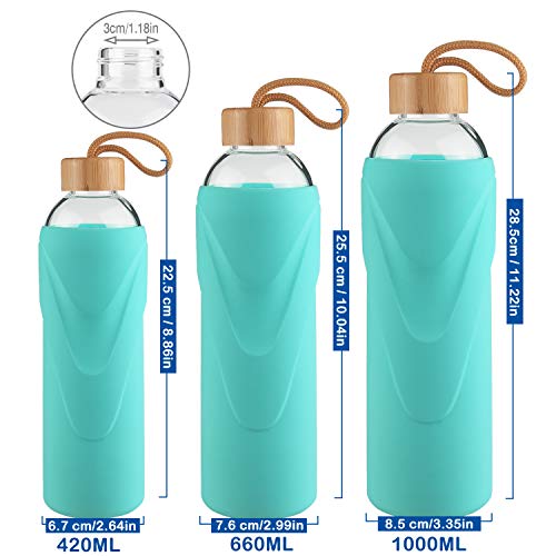FCSDETAIL Botella de Agua de Cristal sin BPA, Botella de Agua de Vidrio de Borosilicato con Funda de Silicona con Tapa de Bambú 420ml / 660ml / 1000ml