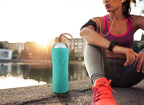 FCSDETAIL Botella de Agua de Cristal sin BPA, Botella de Agua de Vidrio de Borosilicato con Funda de Silicona con Tapa de Bambú 420ml / 660ml / 1000ml