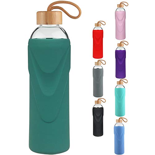 FCSDETAIL Botella de Agua de Cristal sin BPA, Botella de Agua de Vidrio de Borosilicato con Funda de Silicona con Tapa de Bambú 420ml / 660ml / 1000ml