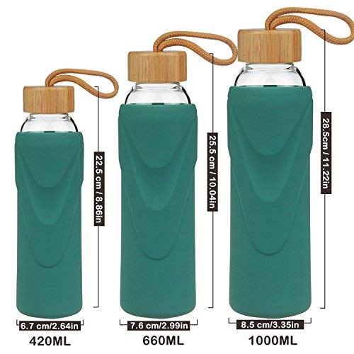 FCSDETAIL Botella de Agua de Cristal sin BPA, Botella de Agua de Vidrio de Borosilicato con Funda de Silicona con Tapa de Bambú 420ml / 660ml / 1000ml