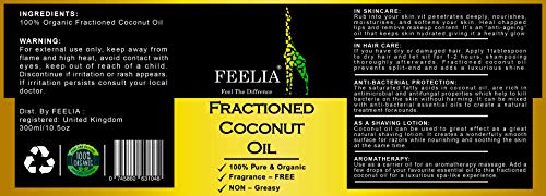 Feelia Organic Fractioned Coconut oil - 100ml Non Greasy, Fragnace Free 100% Pure & Organic (300ml)