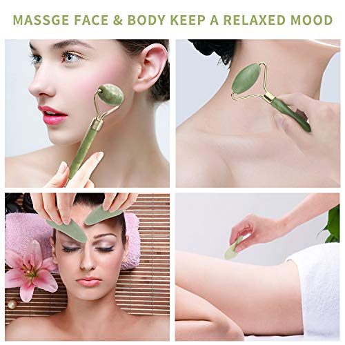 feihao Rodillo de Jade,Rodillo De Jade Roller Face,Facial Masaje Piedra Gua Sha Jade Anti Aging para Cara,Ojos,Cuello y Cuerpo(3pcs)