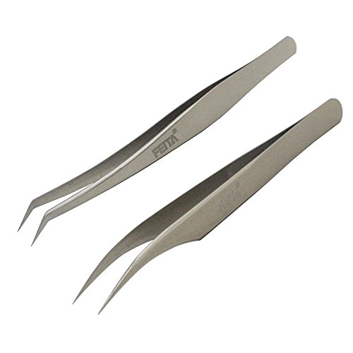 Feita - Pinzas para extensiones de pestañas, profesionales, de acero inoxidable con punta curvada, depilación (2 unidades)
