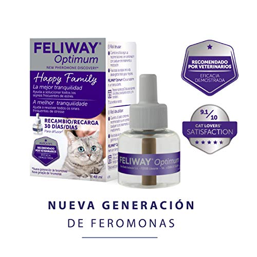 FELIWAY Optimum - Nueva Generación de Feromonas - Soluciona todos los signos de estrés del gato - Arañazos, miedos,cambios, marcaje con orina, tensiones y conflictos entre gatos - Recambio 48ml