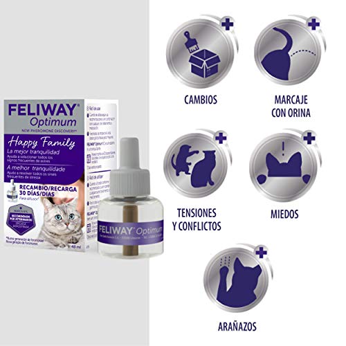 FELIWAY Optimum - Nueva Generación de Feromonas - Soluciona todos los signos de estrés del gato - Arañazos, miedos,cambios, marcaje con orina, tensiones y conflictos entre gatos - Recambio 48ml