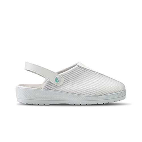 Feliz Caminar/Zuecos Sanitarios Marin (Naturfly) / Correa Unisex Antideslizantes Cómodos Hombre y Mujer. Zapatillas de Estar por Casa/Blanco 39