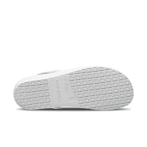 Feliz Caminar/Zuecos Sanitarios Marin (Naturfly) / Correa Unisex Antideslizantes Cómodos Hombre y Mujer. Zapatillas de Estar por Casa/Blanco 39