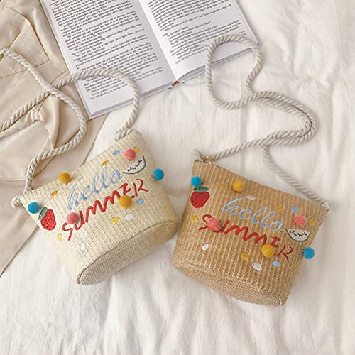 FENICAL Bolsa de paja Bolsa de playa para el verano Bolsa de mensajero pequeña con Pom Pom para mujeres niñas (Caqui)