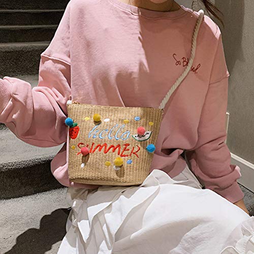 FENICAL Bolsa de paja Bolsa de playa para el verano Bolsa de mensajero pequeña con Pom Pom para mujeres niñas (Caqui)