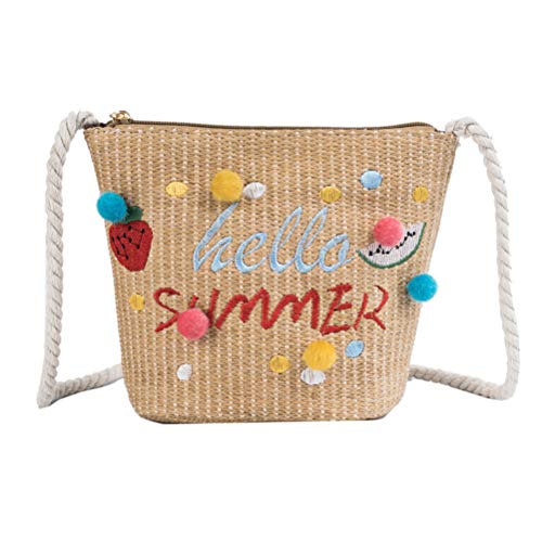 FENICAL Bolsa de paja Bolsa de playa para el verano Bolsa de mensajero pequeña con Pom Pom para mujeres niñas (Caqui)