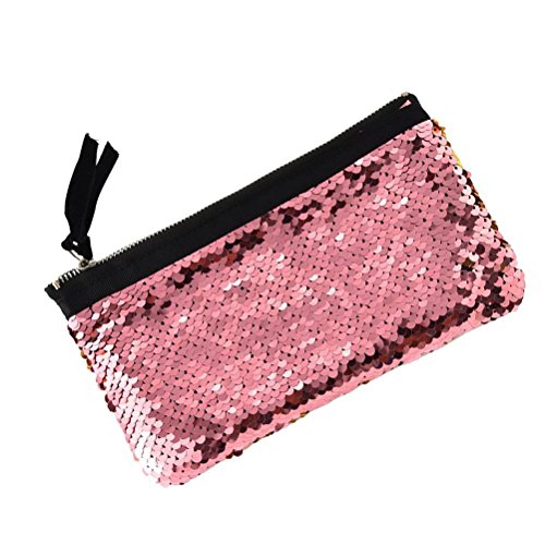 FENICAL Bolso cosmético de las mujeres que cuelga el bolso de la cartera del maquillaje de la colada del viaje de la lentejuela (rosa y oro)
