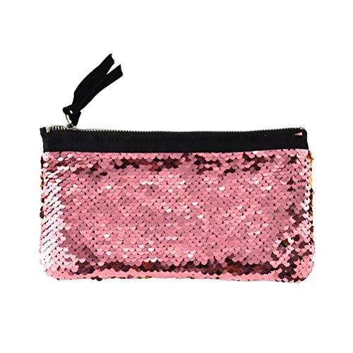FENICAL Bolso cosmético de las mujeres que cuelga el bolso de la cartera del maquillaje de la colada del viaje de la lentejuela (rosa y oro)