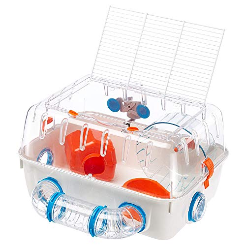 Feplast Jaula para hámsteres Combi 1, para pequeños roedores, Plástico Robusto, Techo con Rejilla abrible, Tubos y Accesorios incluidos, 40,5 x 29,5 x h 22,5 cm Blanco/Multicolor (57923499)