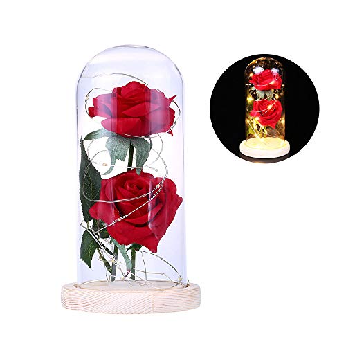 Fesjoy Cubierta de Cristal Claro de Flores Two Roses Glass Cover L-Ed String Light Lámpara de Mesa Romántica Decoración de La Boda del Día de San Valentín
