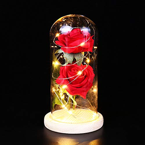 Fesjoy Cubierta de Cristal Claro de Flores Two Roses Glass Cover L-Ed String Light Lámpara de Mesa Romántica Decoración de La Boda del Día de San Valentín