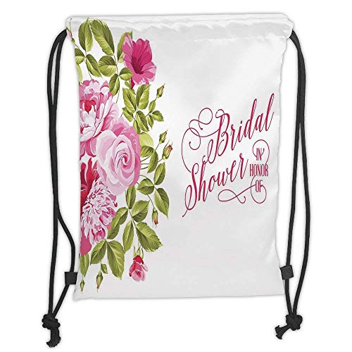 FFLISHD Gym Bag Printed Drawstring Sack Backpacks Bags,Duck,Mandarin Ducklings in Lake Flowers Lilies Vintage Print River Country Nature,Pink Green and White Soft Satin