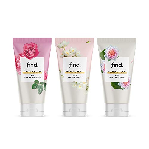 FIND - Colección set de regalo cremas de mano 3x75 ml (con perfumes de rosa de la India, jazmín y loto salvaje)