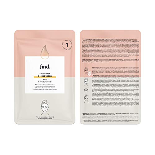 FIND - Mascarilla hidrogel, sin goteo, purificadora con ácido glicólico, pack de 10 unidades