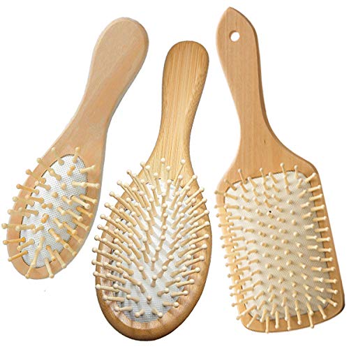 Fiyuer 3 Pcs Cabello Cepillo de Bambú Pines De Madera Cepillo Pelo Bambu Ecologico Pequeño Viaje Cepillo Madera Pelo Natural Cepillo Pelo Bambu Antiestático Scalps Friendly Reducir Frizz Masaje