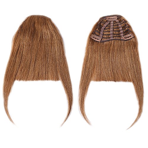 Flequillo Postizo Pelo Natural Extensiones de Cabell Natural Clip 100% Remy Pelo Humano Una Pieza 3 Clips Flequillos Postizos (30cm,25g,#6 Castaño Claro)