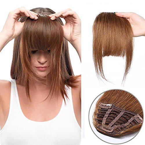 Flequillo Postizo Pelo Natural Extensiones de Cabell Natural Clip 100% Remy Pelo Humano Una Pieza 3 Clips Flequillos Postizos (30cm,25g,#6 Castaño Claro)