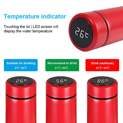 flintronic® Taza de Viaje, Termo Taza 500ML Travel Mug, Frasco de Vacío de Acero Inoxidable, Pantalla LCD Táctil Inteligente, Térmica de Doble Pared, Aislado al Vacío, con Portavasos y Cepillo - Rojo