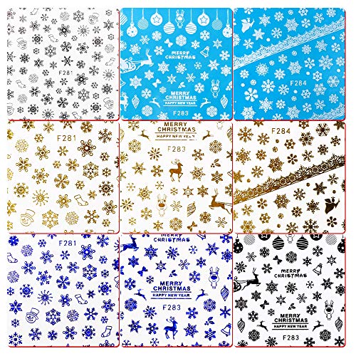 FLOFIA 1200+ pcs Pegatinas Uñas Navidad Navideñas Decorativas 3D Nail Stickers Navidad Autoadhesivas Calcomanías Uñas Copos de Nieve Reno Muñeca de Nieve Bola Campana Arte de Uñas (10 Hojas)