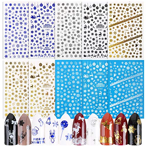 FLOFIA 1200+ pcs Pegatinas Uñas Navidad Navideñas Decorativas 3D Nail Stickers Navidad Autoadhesivas Calcomanías Uñas Copos de Nieve Reno Muñeca de Nieve Bola Campana Arte de Uñas (10 Hojas)