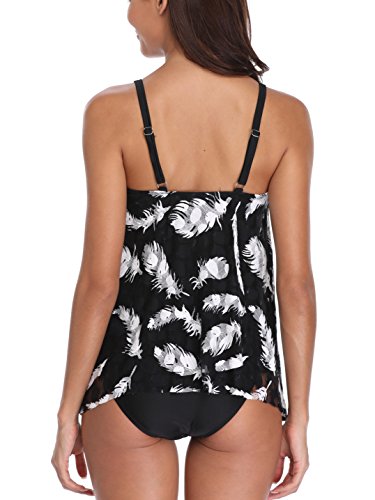 FLYILY - Traje de baño, tankini, de malla, para mujer, conjunto de dos piezas, bikini, de cintura alta, talla grande Pluma XL