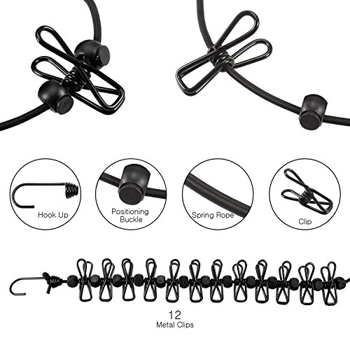 Foonii Portátil Tendedero, Elástico Ajustable retráctil Antideslizante a Prueba de Viento Cuerdas para Ropa, al Aire Libre y para Viajes de Campamento Senderismo, 12 Pinzas 180-360cm (Negro)