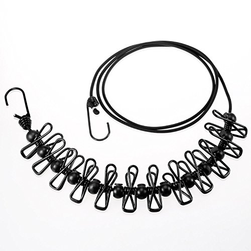 Foonii Portátil Tendedero, Elástico Ajustable retráctil Antideslizante a Prueba de Viento Cuerdas para Ropa, al Aire Libre y para Viajes de Campamento Senderismo, 12 Pinzas 180-360cm (Negro)