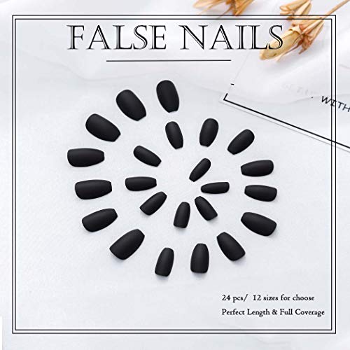 Forall Uñas Postizas De Ataúd De Color Puro Mate Negro Prensa En Bailarina Uñas Postizas Kit De Uñas Postizas Medianas De Cubierta Completa Para Mujeres y Niñas 24 PCs