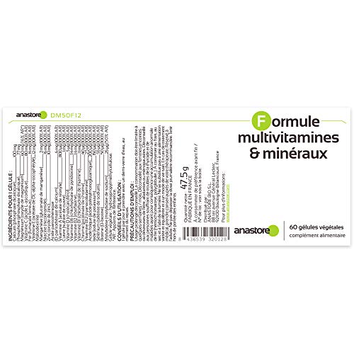 FÓRMULA MULTIVITAMÍNICA * 750 mg / 60 cápsulas * Prevención y/o corrección de los problemas relacionados con la carencia alimenticia, la fatiga y estrés * Fabricado en Francia