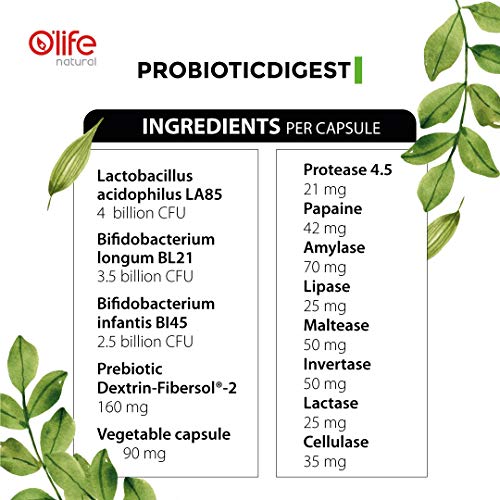 Fortalece el sistema inmunológico con 8 Multi-enzimas digestivas en combinación con prebióticos y probióticos de 10 mil millones de UFC - Fórmula VEGANA - 90 cápsulas