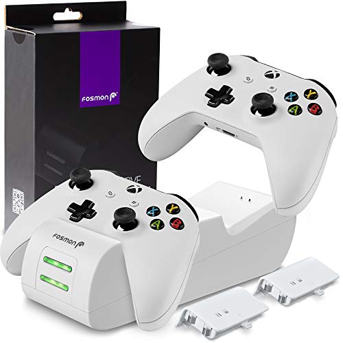 Fosmon Dual Base de Cargador Compatible con Mando Xbox One/One S/One X/Elite, (Doble Estación) Estación de Carga Rápida con 2X 1000mAh Ni-MH Batería Recargable - Blanco